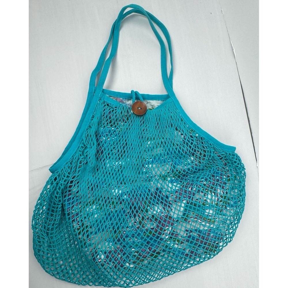 VTG‎ Y2K OP Netted Tote Beach Bag Blue Mesh Boho Market Net Hobo Hippie Lined